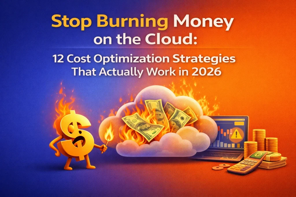 A vibrant conceptual illustration featuring a cartoon dollar sign holding a match next to a cloud filled with burning money. The text reads "Stop Burning Money on the Cloud: 12 Cost Optimization Strategies That Actually Work in 2026." The background transitions from blue to orange with a laptop and gold coins in the corner.