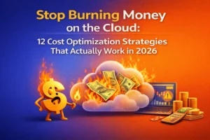 A vibrant conceptual illustration featuring a cartoon dollar sign holding a match next to a cloud filled with burning money. The text reads "Stop Burning Money on the Cloud: 12 Cost Optimization Strategies That Actually Work in 2026." The background transitions from blue to orange with a laptop and gold coins in the corner.