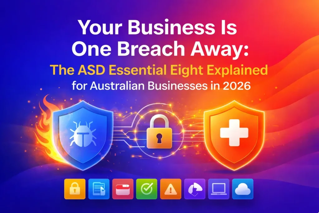 An informative graphic on cybersecurity for Australian businesses, highlighting the ASD Essential Eight with colorful icons representing security measures, including a shield, lock, and warning symbols.