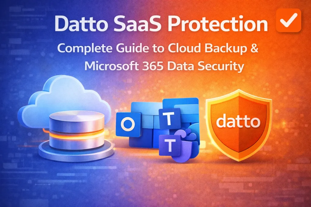 Visual representation of Datto SaaS Protection, featuring icons for cloud backup, Microsoft 365 services like Outlook and Teams, and Datto's security shield.
