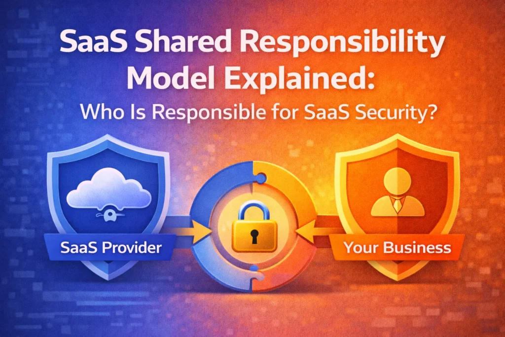 Illustration showing the shared responsibility for SaaS security between the SaaS provider and your business. A central lock symbol represents security, with arrows pointing from the SaaS provider on the left to your business on the right.