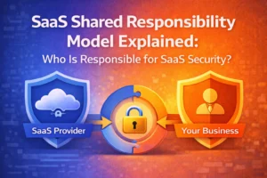 Illustration showing the shared responsibility for SaaS security between the SaaS provider and your business. A central lock symbol represents security, with arrows pointing from the SaaS provider on the left to your business on the right.