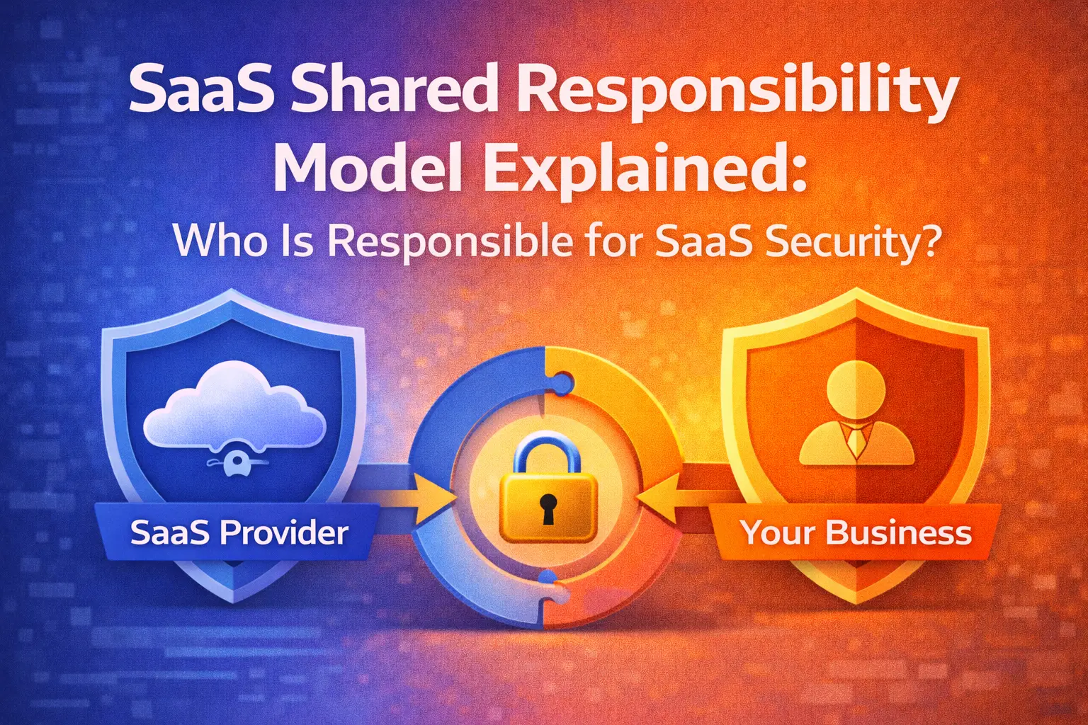 Illustration showing the shared responsibility for SaaS security between the SaaS provider and your business. A central lock symbol represents security, with arrows pointing from the SaaS provider on the left to your business on the right.
