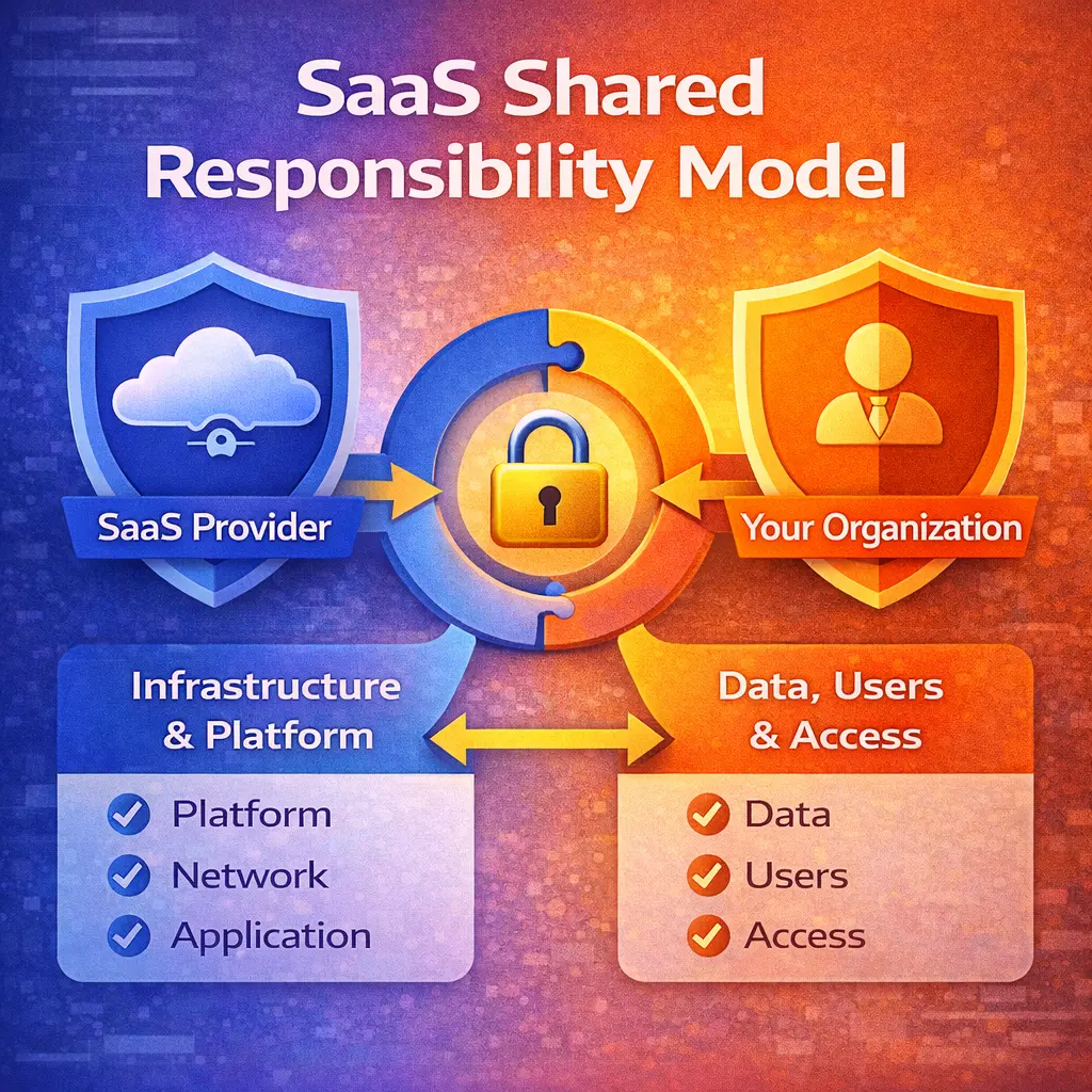 Diagram of the SaaS shared responsibility model. The left side represents the SaaS provider responsible for infrastructure and platform (platform, network, application), and the right side represents your organization responsible for data, users, and access. A central lock connects the two sides.