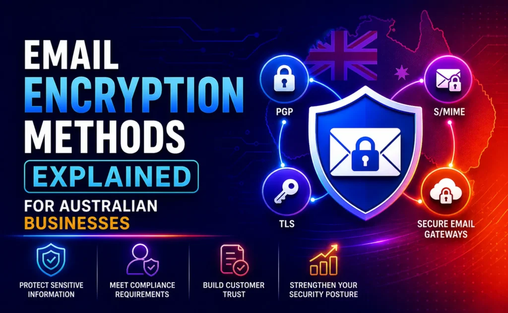 Infographic showing email encryption methods for Australian businesses, including PGP, S/MIME, TLS, and secure email gateways, highlighting benefits like protecting sensitive information, meeting compliance requirements, building customer trust, and strengthening security posture.