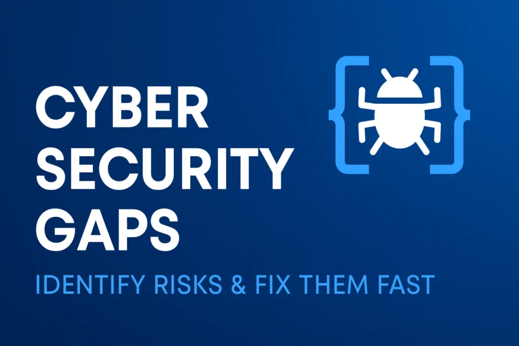Cyber security gaps with a bug icon symbolizing potential risks and vulnerabilities in business networks, highlighting the need for fast identification and resolution of threats.