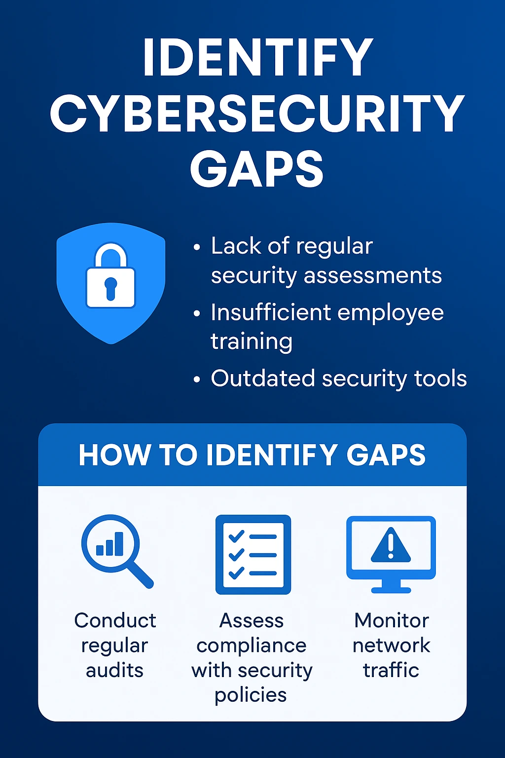 Infographic showing key steps to identify cybersecurity gaps, including conducting audits, assessing security policy compliance, and monitoring network traffic for vulnerabilities.