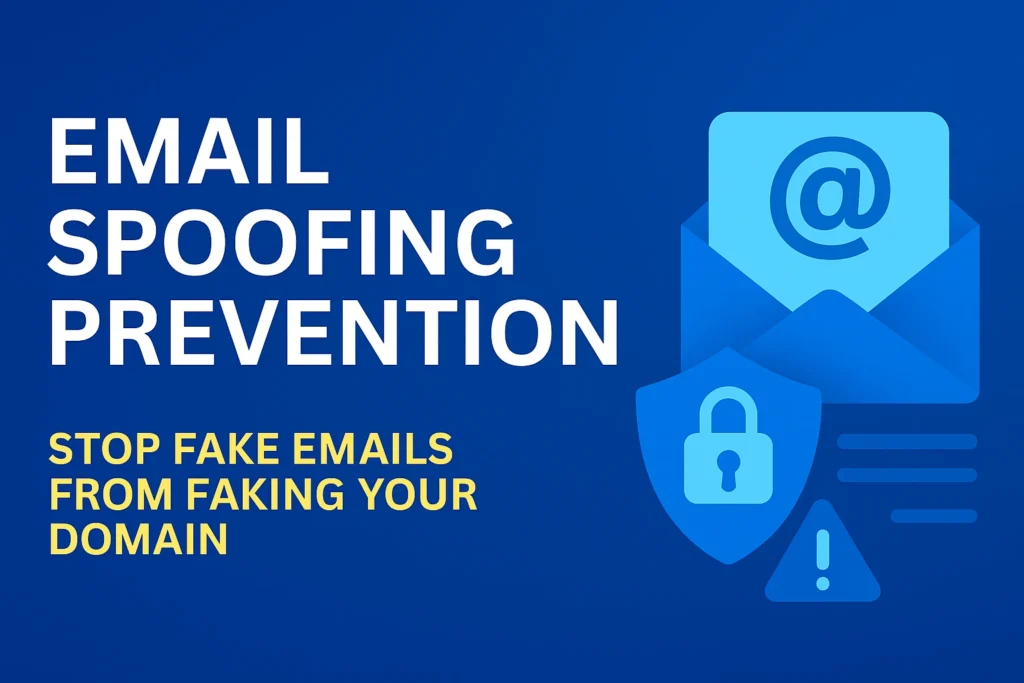 Illustration showing an envelope with an email symbol and a lock shield representing email spoofing prevention to protect your domain from fake emails.