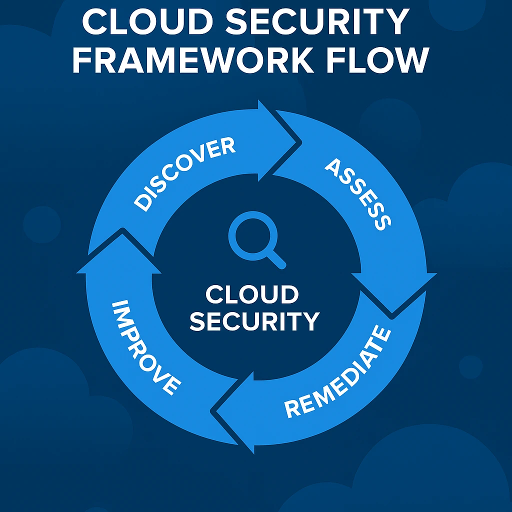 Infographic illustrating the Cloud Security Framework Flow with stages: Discover, Assess, Remediate, Improve for effective cloud security management.