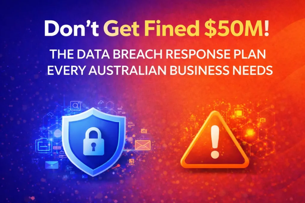 Visual warning about potential $50M fines, emphasizing the importance of a data breach response plan for Australian businesses, featuring a shield icon and a caution symbol.