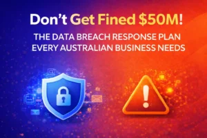 Visual warning about potential $50M fines, emphasizing the importance of a data breach response plan for Australian businesses, featuring a shield icon and a caution symbol.