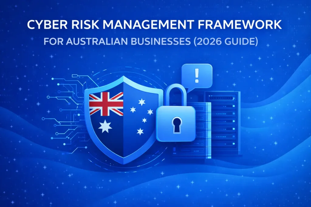 An illustration showing a cybersecurity shield with the Australian flag, a padlock, a server, and an exclamation mark icon, symbolizing a cyber risk management framework for Australian businesses in 2026.