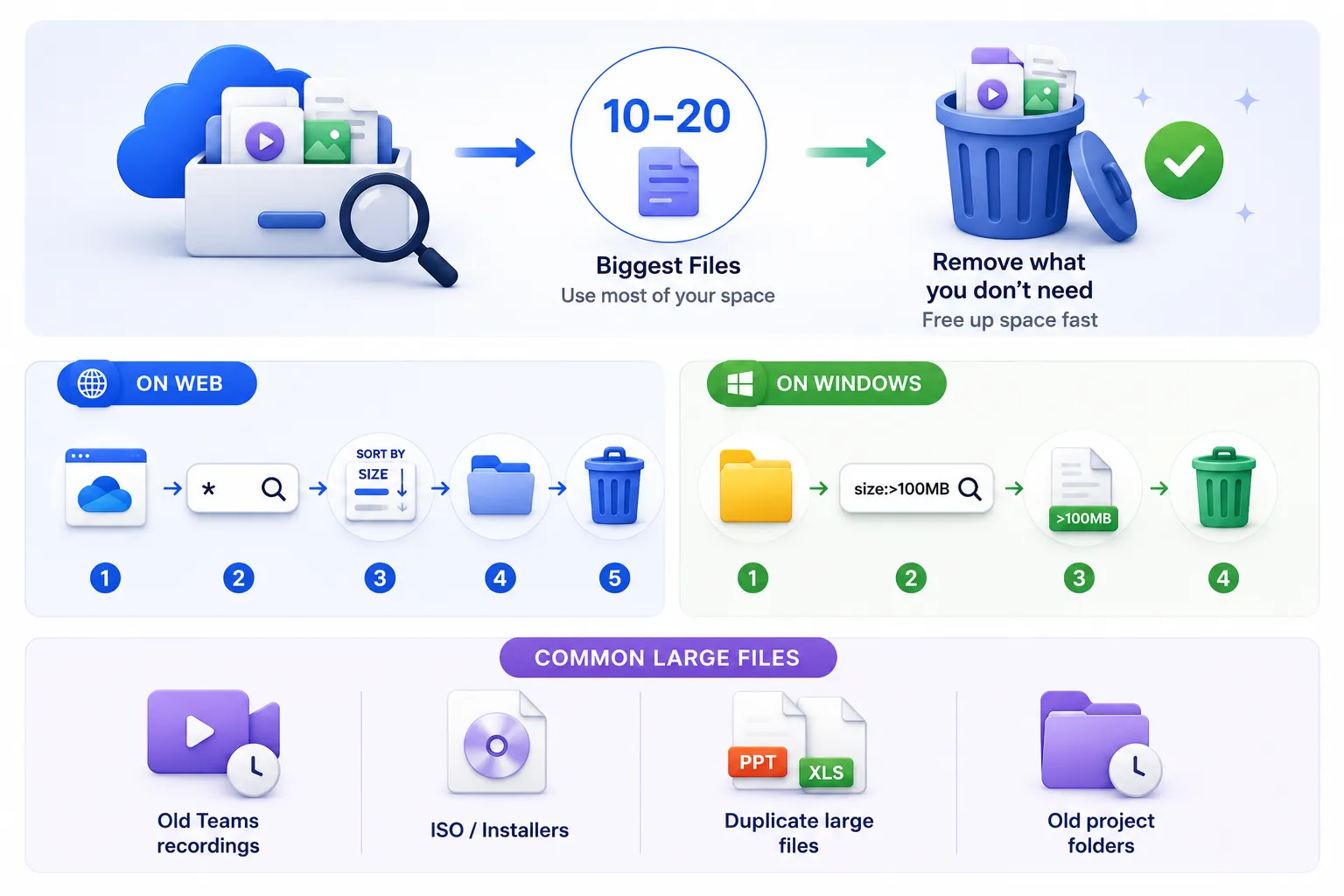 OneDrive storage cleanup guide showing how to find large files, sort files by size, remove unnecessary data, and free up cloud storage on web and Windows.