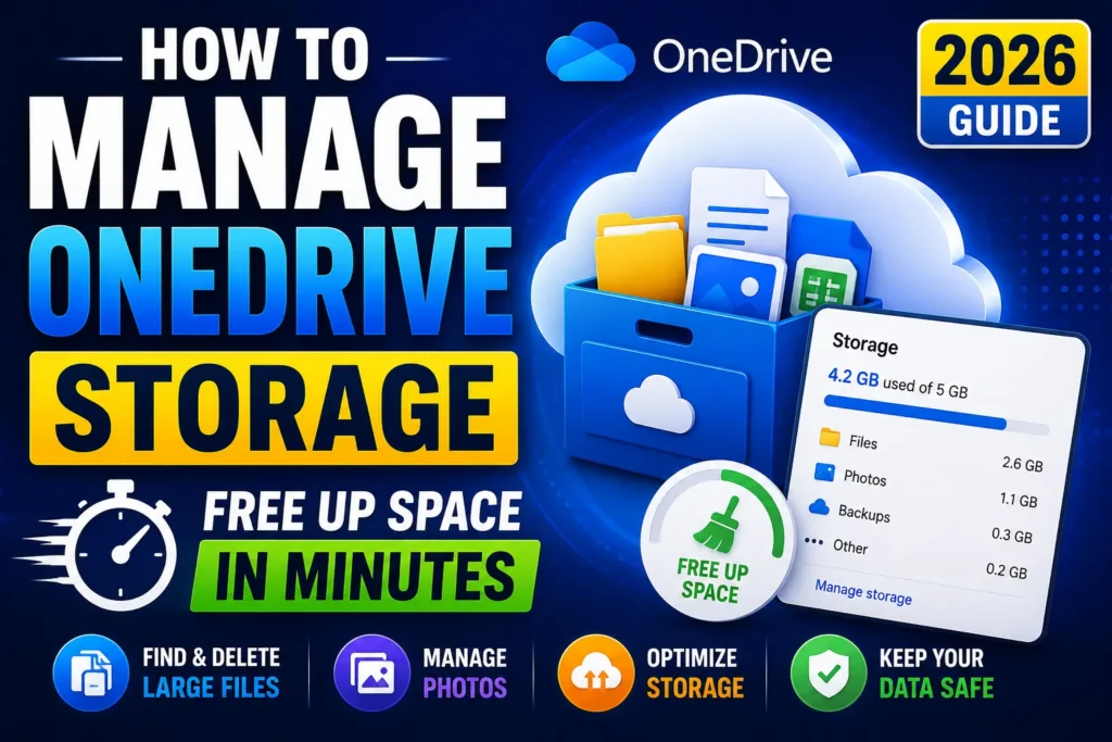 OneDrive storage management guide showing how to free up space, delete large files, organize photos, optimize cloud storage, and keep data safe in 2026.