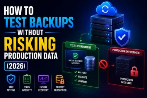 Illustration showing how to safely test backups without affecting production data, featuring a test environment, backup restoration process, data validation, and production environment protection.