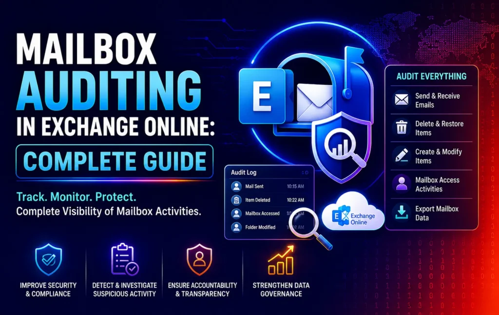 A high-tech cybersecurity infographic titled "Mailbox Auditing in Exchange Online: Complete Guide." The central graphic features a glowing blue "E" for Exchange, a mailbox icon, and a security shield with a magnifying glass. A sidebar titled "Audit Everything" lists trackable actions: Send & Receive Emails, Delete & Restore Items, Create & Modify Items, Mailbox Access Activities, and Export Mailbox Data. A sample "Audit Log" window shows timestamps for sent and deleted items. Four gold and blue icons at the bottom emphasize the core benefits: Improve Security & Compliance, Detect & Investigate Suspicious Activity, Ensure Accountability & Transparency, and Strengthen Data Governance.