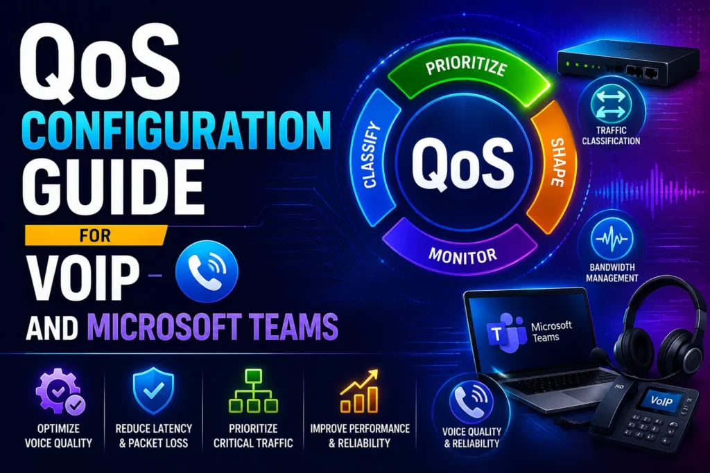 A high-tech technical infographic titled "QoS Configuration Guide for VoIP and Microsoft Teams." The central visual features a circular "QoS" hub divided into four stages: Classify, Prioritize, Shape, and Monitor. On the right, icons for Traffic Classification and Bandwidth Management are displayed alongside a network router, a laptop running Microsoft Teams, a professional headset, and a VoIP desk phone. Four primary benefits are highlighted at the bottom: Optimize Voice Quality, Reduce Latency & Packet Loss, Prioritize Critical Traffic, and Improve Performance & Reliability. The design uses a vibrant neon blue and purple theme with glowing circuit-board accents.
