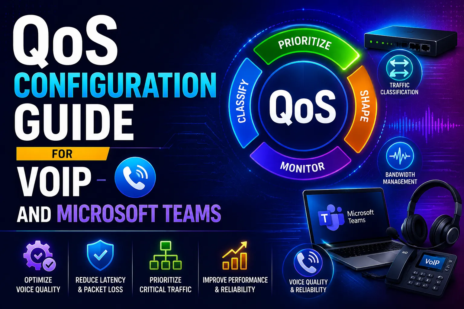 A high-tech technical infographic titled "QoS Configuration Guide for VoIP and Microsoft Teams." The central visual features a circular "QoS" hub divided into four stages: Classify, Prioritize, Shape, and Monitor. On the right, icons for Traffic Classification and Bandwidth Management are displayed alongside a network router, a laptop running Microsoft Teams, a professional headset, and a VoIP desk phone. Four primary benefits are highlighted at the bottom: Optimize Voice Quality, Reduce Latency & Packet Loss, Prioritize Critical Traffic, and Improve Performance & Reliability. The design uses a vibrant neon blue and purple theme with glowing circuit-board accents.