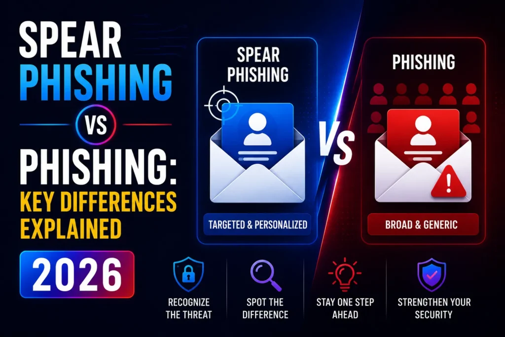 Cybersecurity infographic comparing spear phishing and phishing. The left side highlights targeted, personalized spear phishing with a focused email icon and target symbol, while the right side shows broad, generic phishing with multiple users and a warning email icon, emphasizing security risks and awareness for 2026.