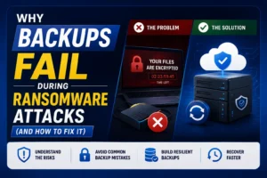 Banner titled 'Why Backups Fail During Ransomware Attacks (And How to Fix It)' comparing an encrypted laptop under attack with a secure cloud backup system.