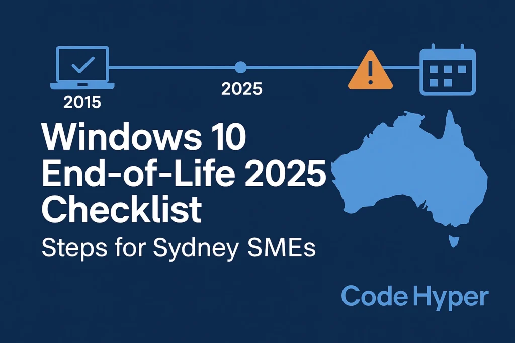 Windows 10 support timeline with 2015 launch, October 2025 end‑of‑life and ESU years, plus headline ‘Windows 10 End‑of‑Life 2025 Checklist – Steps for Sydney SMEs’.