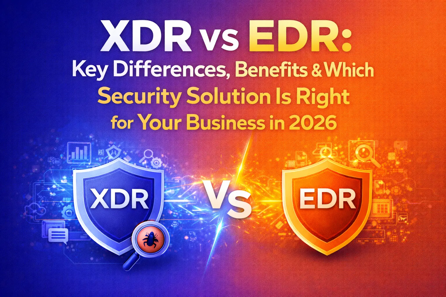 Infographic showcasing the key differences between XDR and EDR, emphasizing their benefits and which solution is right for businesses in 2026. The graphic contrasts the two approaches in cybersecurity, focusing on their respective capabilities in detection and response.