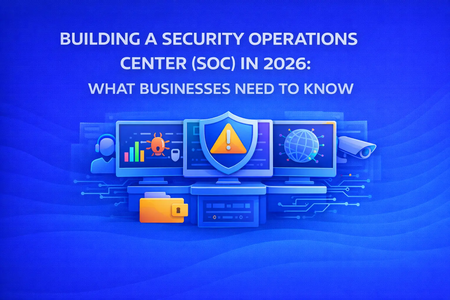 Illustration of a Security Operations Center (SOC) setup in 2026 featuring cybersecurity dashboards, shield protection icon, threat monitoring screens, and network security systems.
