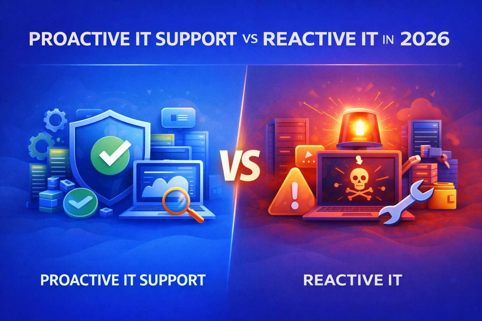 A comparison of proactive IT support and reactive IT, illustrated with a shield and checkmarks on the proactive side and warning signs and a damaged laptop on the reactive side.