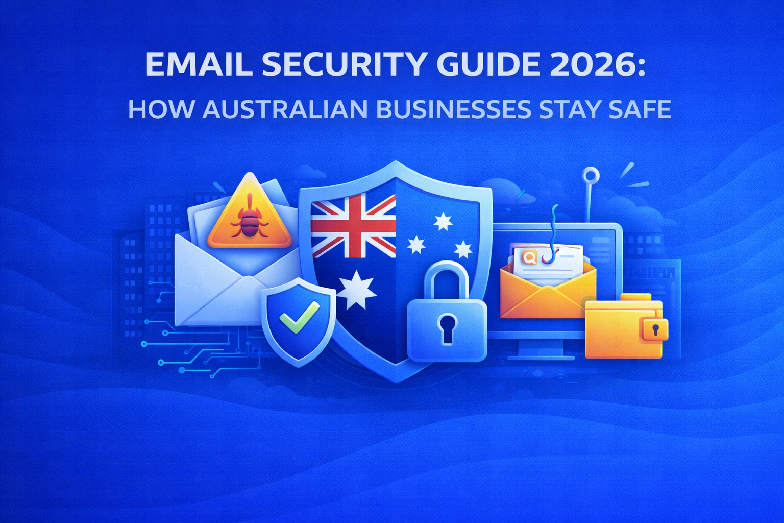A visually engaging graphic illustrating email security for Australian businesses in 2026. The image features various icons including a warning symbol, an envelope with a security shield, the Australian flag, a padlock, and a computer monitor showing a phishing email, symbolizing the importance of email security in preventing cyber threats.