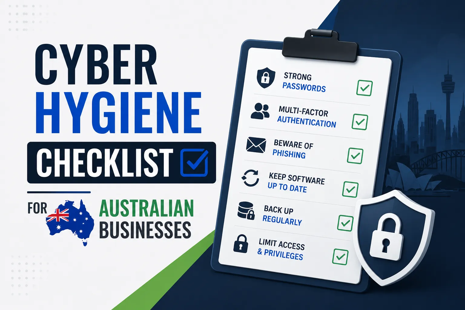 Cyber hygiene checklist infographic for Australian businesses showing essential security practices including strong passwords, multi-factor authentication, phishing awareness, software updates, regular backups, and access control.