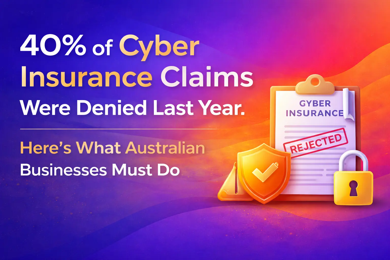 Infographic showing that 40% of cyber insurance claims were denied last year, highlighting what Australian businesses must do, with icons of a rejected insurance document, a shield, and a padlock.