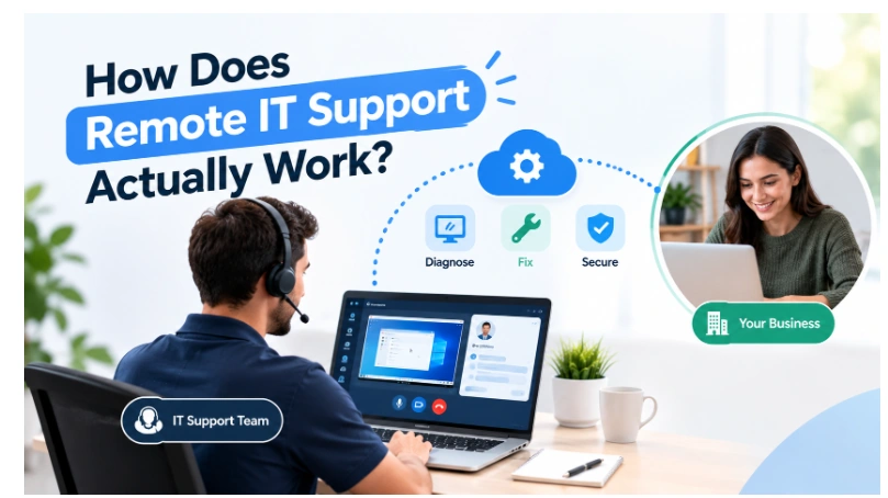 An infographic depicting how remote IT support works, featuring an IT support technician wearing a headset at a laptop connected via the cloud to a business client, with step icons for "Diagnose," "Fix," and "Secure".