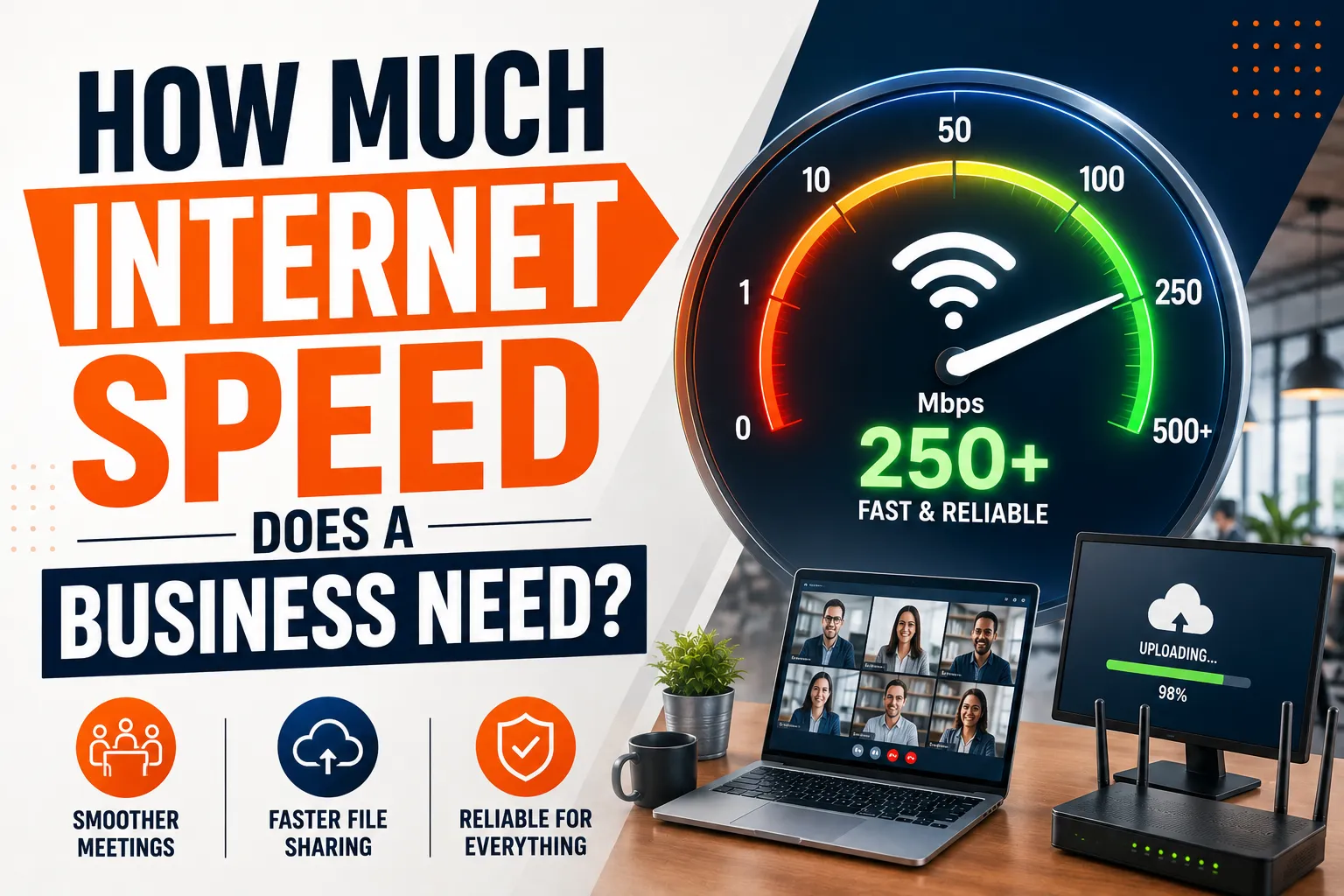 Business internet speed guide showing fast and reliable internet connection for video meetings, file sharing, cloud services, and daily business operations