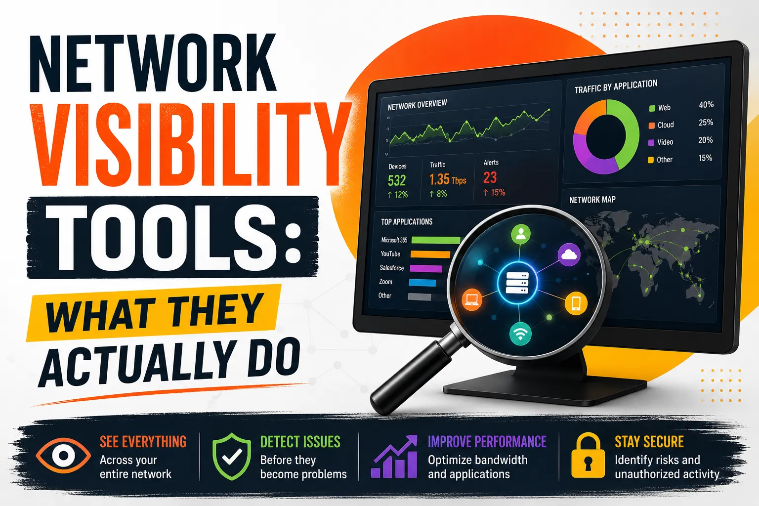 Network visibility tools dashboard showing network traffic, applications, performance monitoring, issue detection, and security insights.