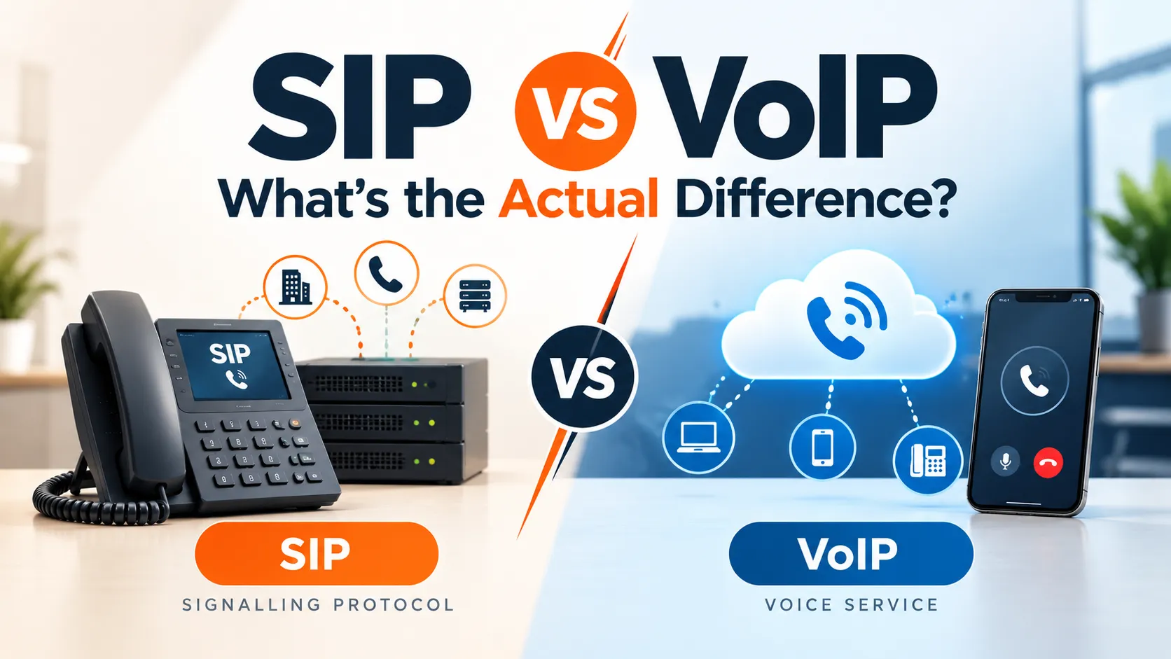 SIP vs VoIP comparison infographic showing the differences between Session Initiation Protocol and Voice over Internet Protocol with business phone systems, cloud calling, and communication devices.