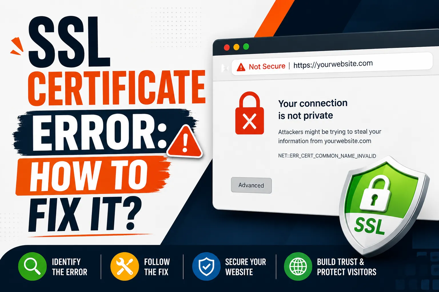 SSL certificate error warning showing a website connection is not private and steps to fix HTTPS security issues
