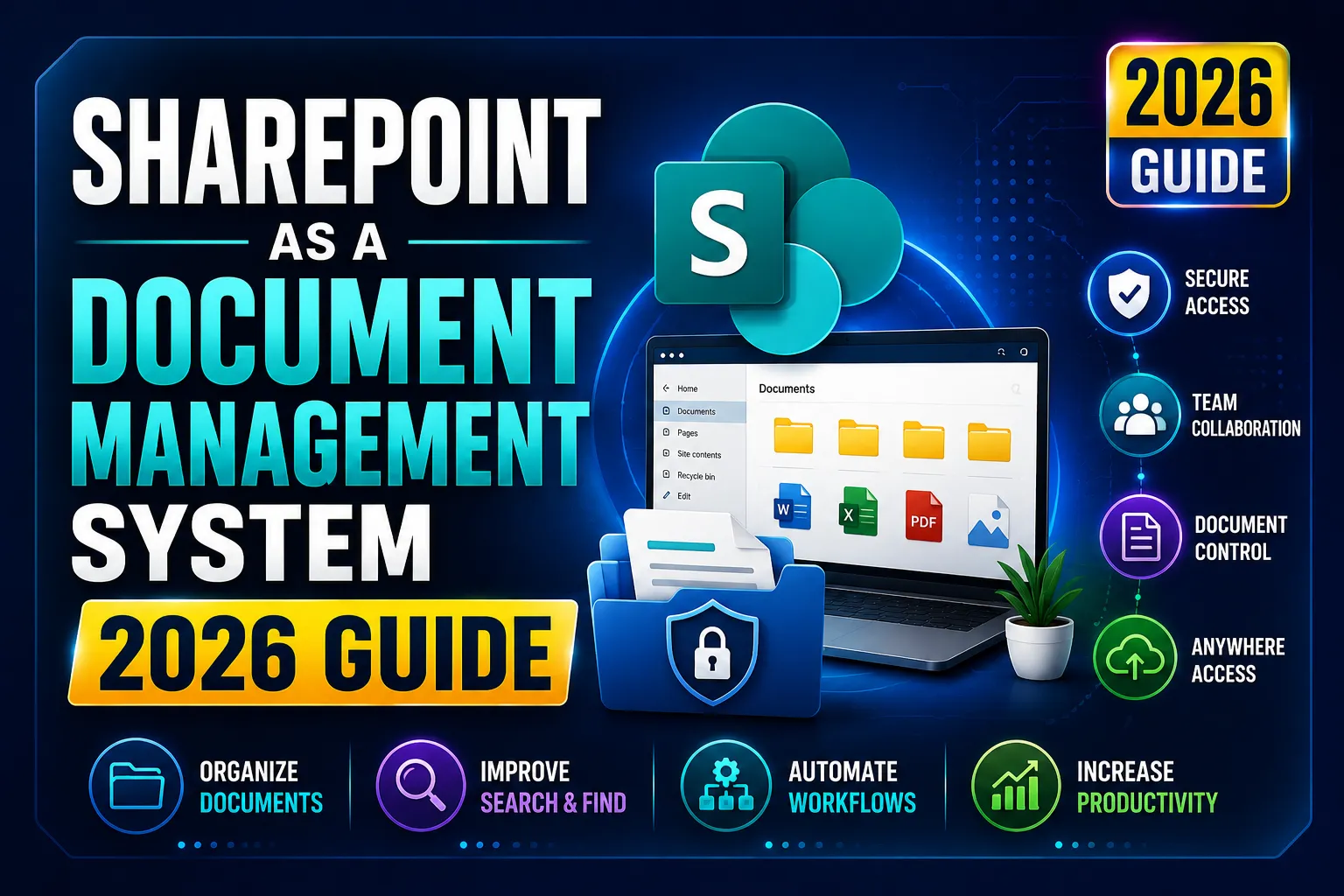 Graphic banner titled 'SharePoint as a Document Management System 2026 Guide' featuring the SharePoint logo, a laptop displaying document folders, a secure blue folder icon, and key features like team collaboration and automated workflows.