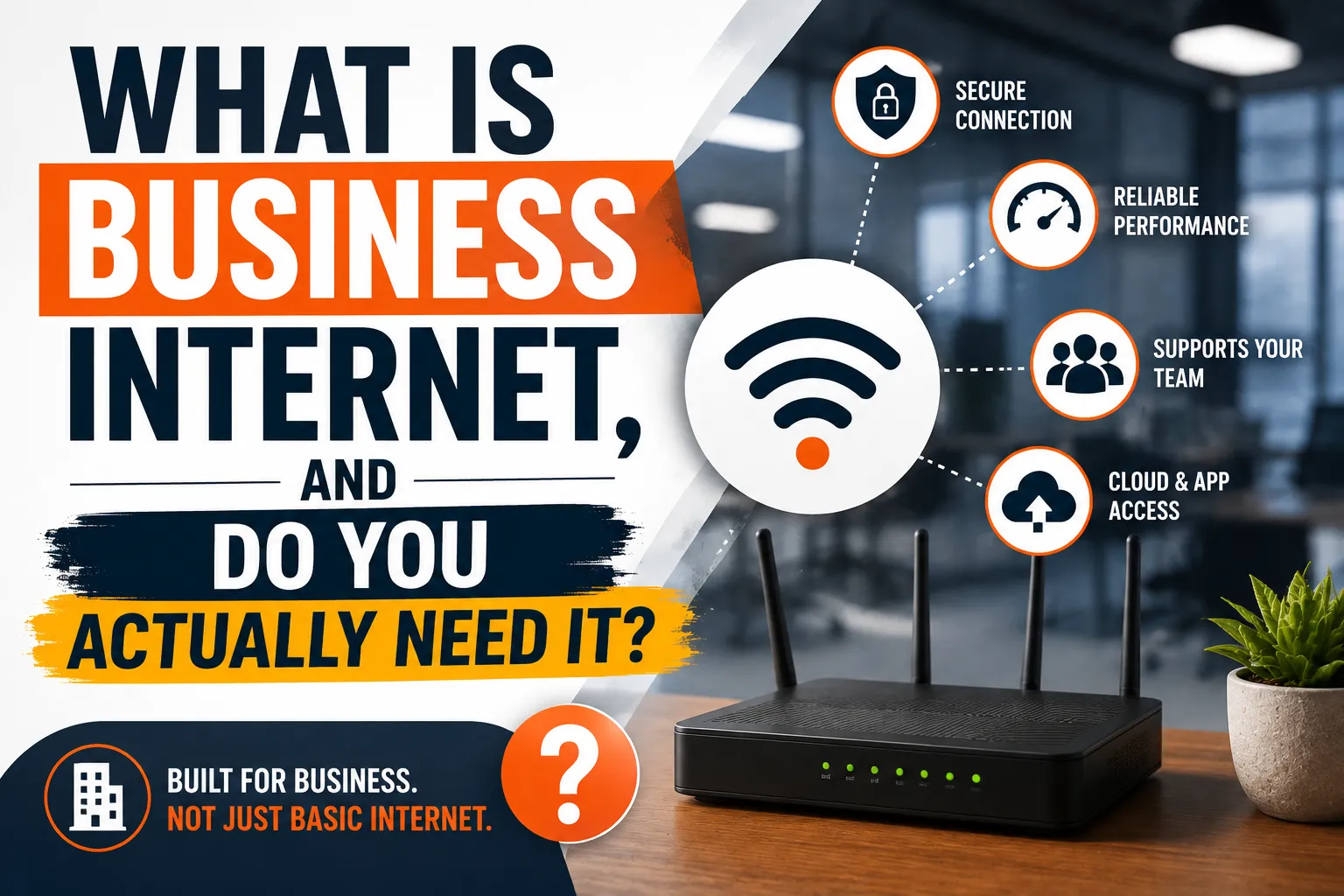 Business internet graphic showing a Wi-Fi router with secure connection, reliable performance, team support, and cloud and app access.