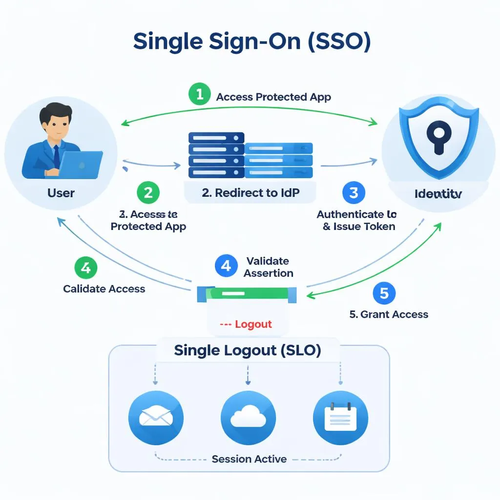 An infographic illustrating the Single Sign-On (SSO) process. A user accesses a protected app, which redirects to the Identity Provider (IdP). The IdP authenticates the user and issues a token, which is validated before granting access to the app. The flow is numbered 1 to 5: Access Protected App, Redirect to IdP, Authenticate & Issue Token, Validate Assertion, Grant Access. Below, the Single Logout (SLO) process shows that logging out ends the session across multiple applications, keeping the session status synchronized.