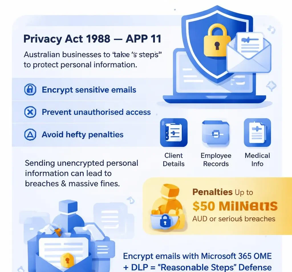 Infographic explaining Australian email encryption compliance under Privacy Act 1988 — APP 11. Businesses should encrypt sensitive emails, prevent unauthorized access, and avoid hefty penalties. It highlights protecting client details, employee records, and medical info. Penalties can reach up to $50 million AUD for serious breaches. Suggests using Microsoft 365 OME with DLP as a “reasonable steps” defense.