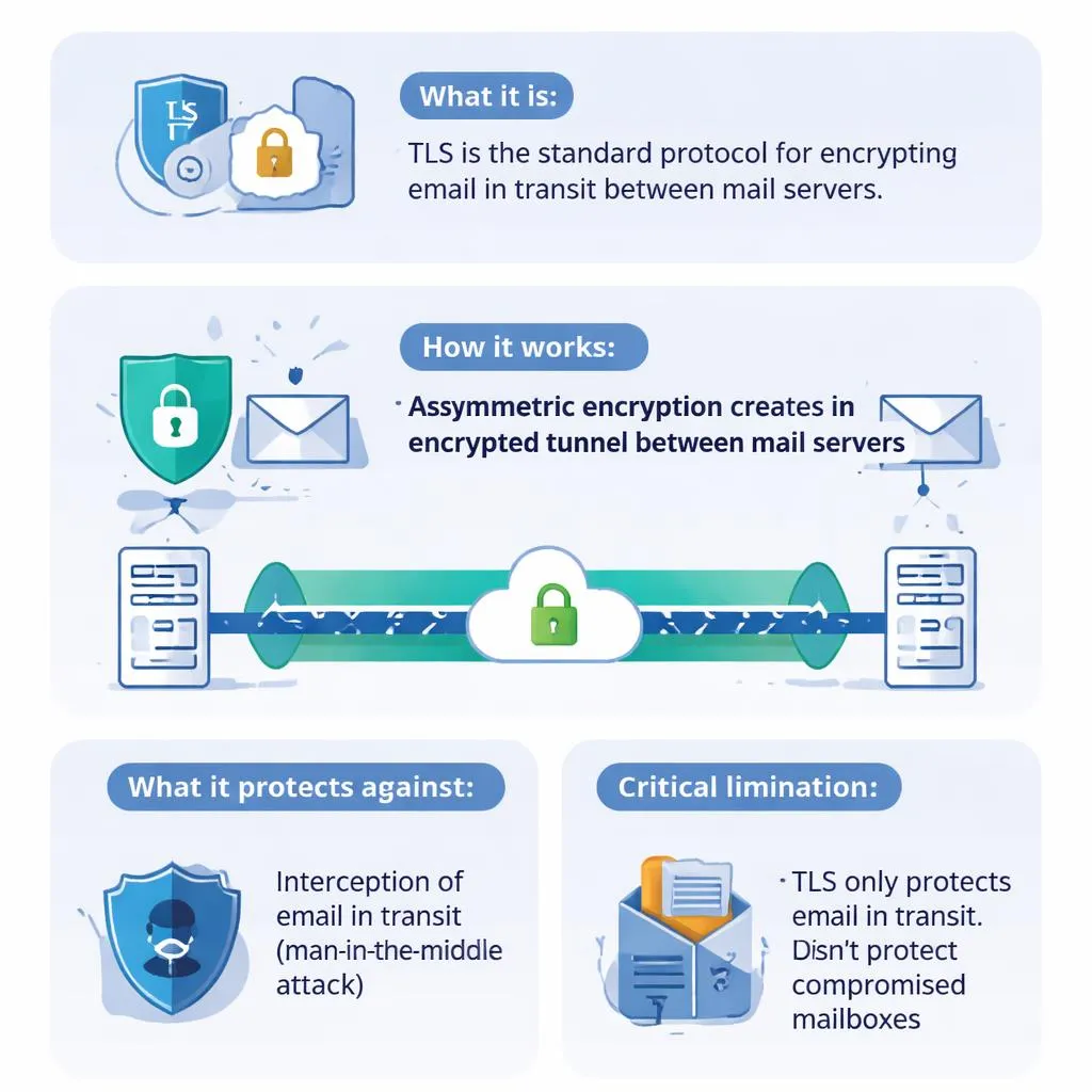 Infographic explaining TLS email encryption: TLS is the standard protocol for encrypting emails in transit between mail servers. It uses asymmetric encryption to create an encrypted tunnel, protecting against interception (man-in-the-middle attacks), but it does not protect compromised mailboxes.