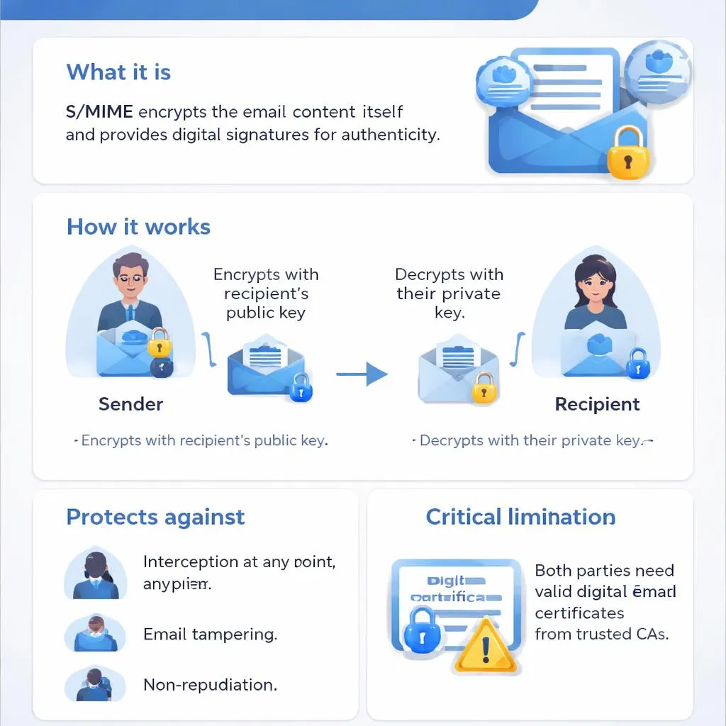 Infographic explaining S/MIME email encryption: S/MIME encrypts the email content and provides digital signatures for authenticity. The sender encrypts with the recipient’s public key, and the recipient decrypts with their private key. It protects against interception, email tampering, and non-repudiation, but requires both parties to have valid digital email certificates from trusted CAs.
