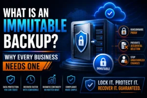 Graphic titled What is an Immutable Backup highlighting ransomware proof data protection, accidental deletion prevention, and compliance benefits.