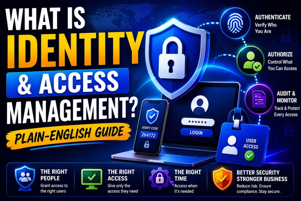 Infographic explaining Identity and Access Management (IAM), covering authentication, authorization, auditing, and ensuring the right people get the right access at the right time.