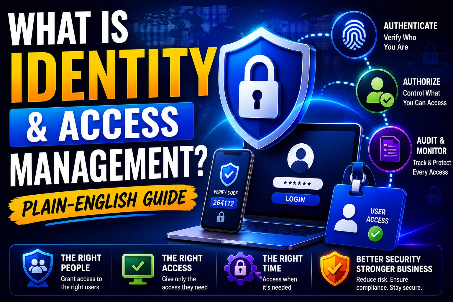 Infographic explaining Identity and Access Management (IAM), covering authentication, authorization, auditing, and ensuring the right people get the right access at the right time.